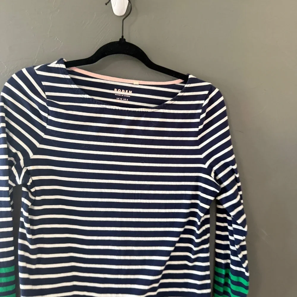 Boden Womens‎ Navy White Striped Long Sleeve Top Rainbow Cuff Cotton US 6 Ella